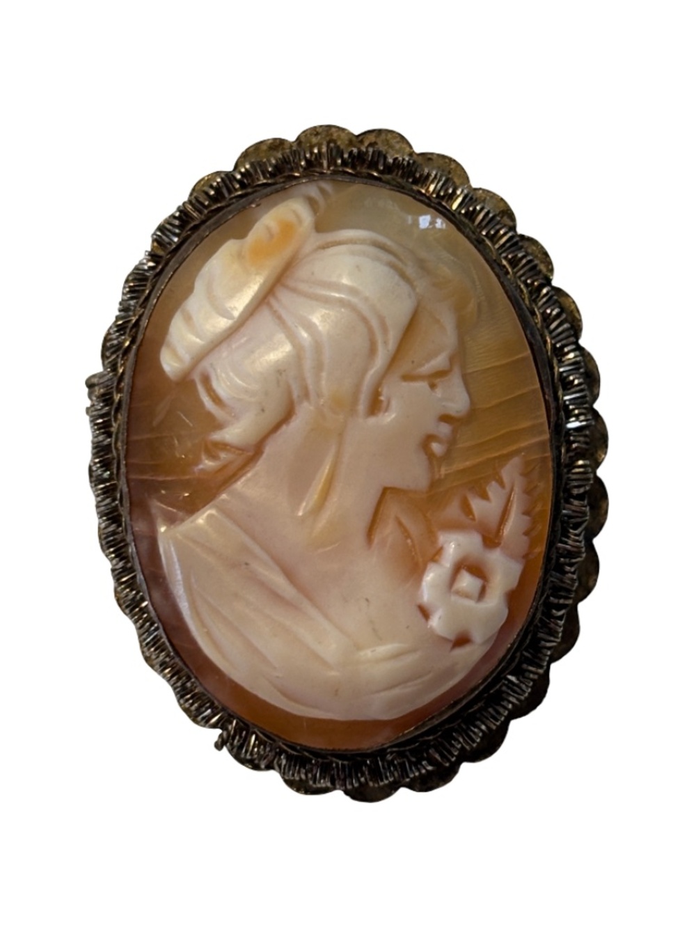 Vintage Shell Cameo Brooch/Pendant – Carved Lady Profile – Gold Tone Setting